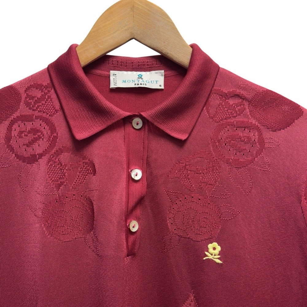 Montagut Paris Womens Size 6 Red Polyamide Knit Floral Polo Shirt Top France euc